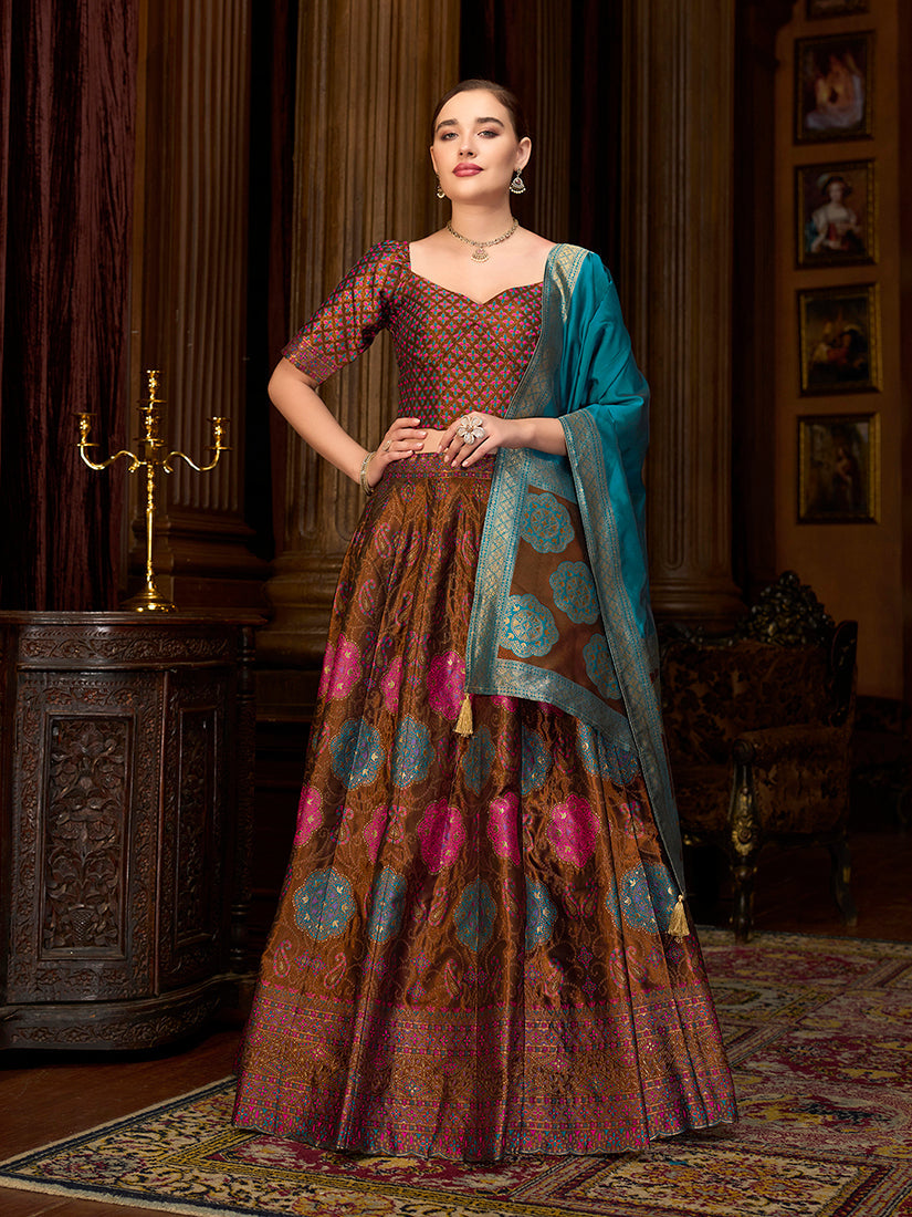 Monjolika Fashion Brown Color Kanjivaram Silk Jacquard Designer Lehenga Choli