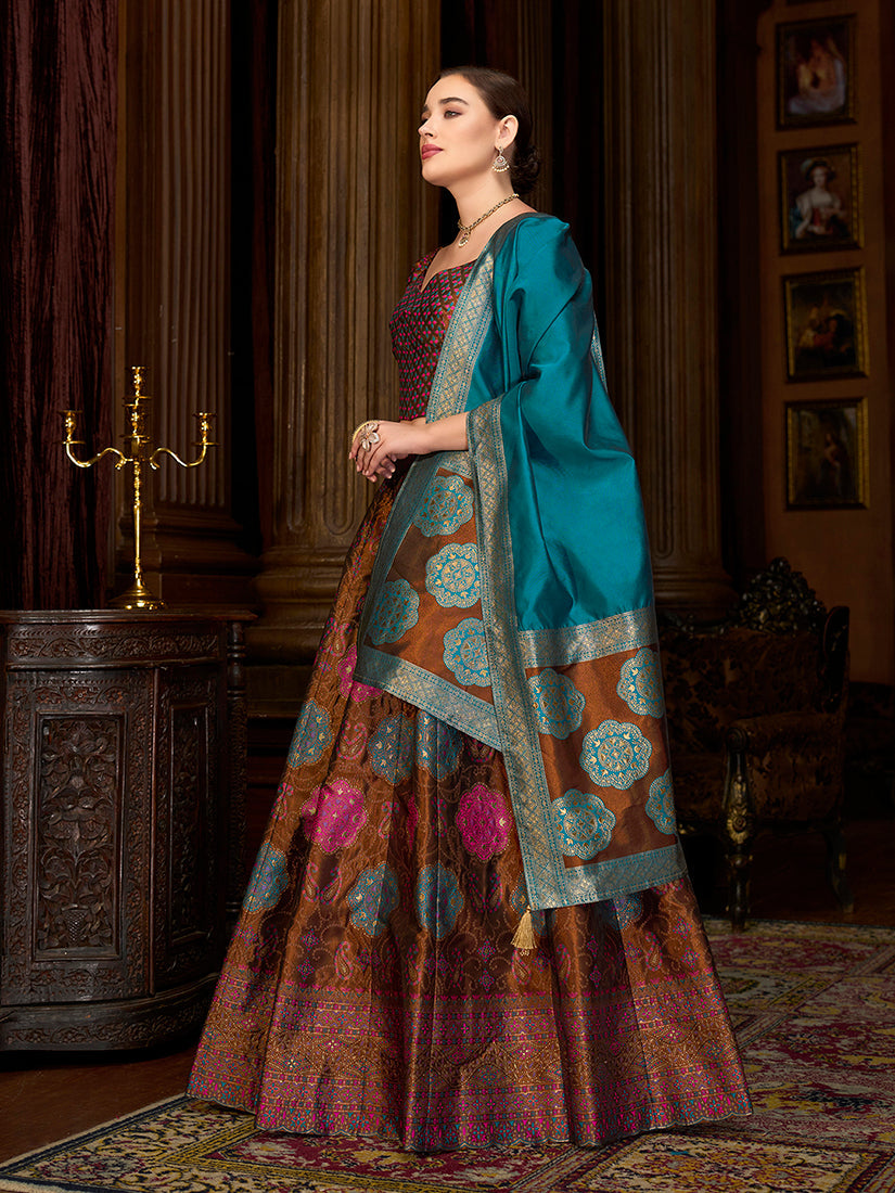 Monjolika Fashion Brown Color Kanjivaram Silk Jacquard Designer Lehenga Choli