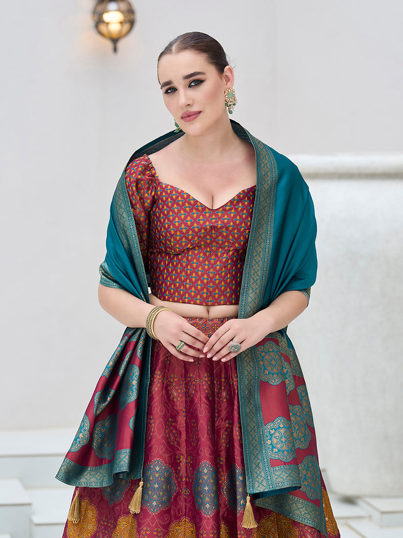 Monjolika Fashion Maroon Color Kanjivaram Silk Jacquard Designer Lehenga Choli