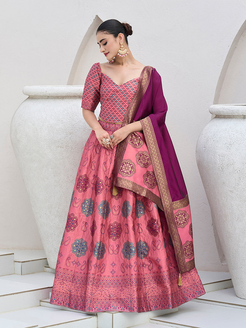 Monjolika Fashion Pink Color Kanjivaram Silk Jacquard Designer Lehenga Choli