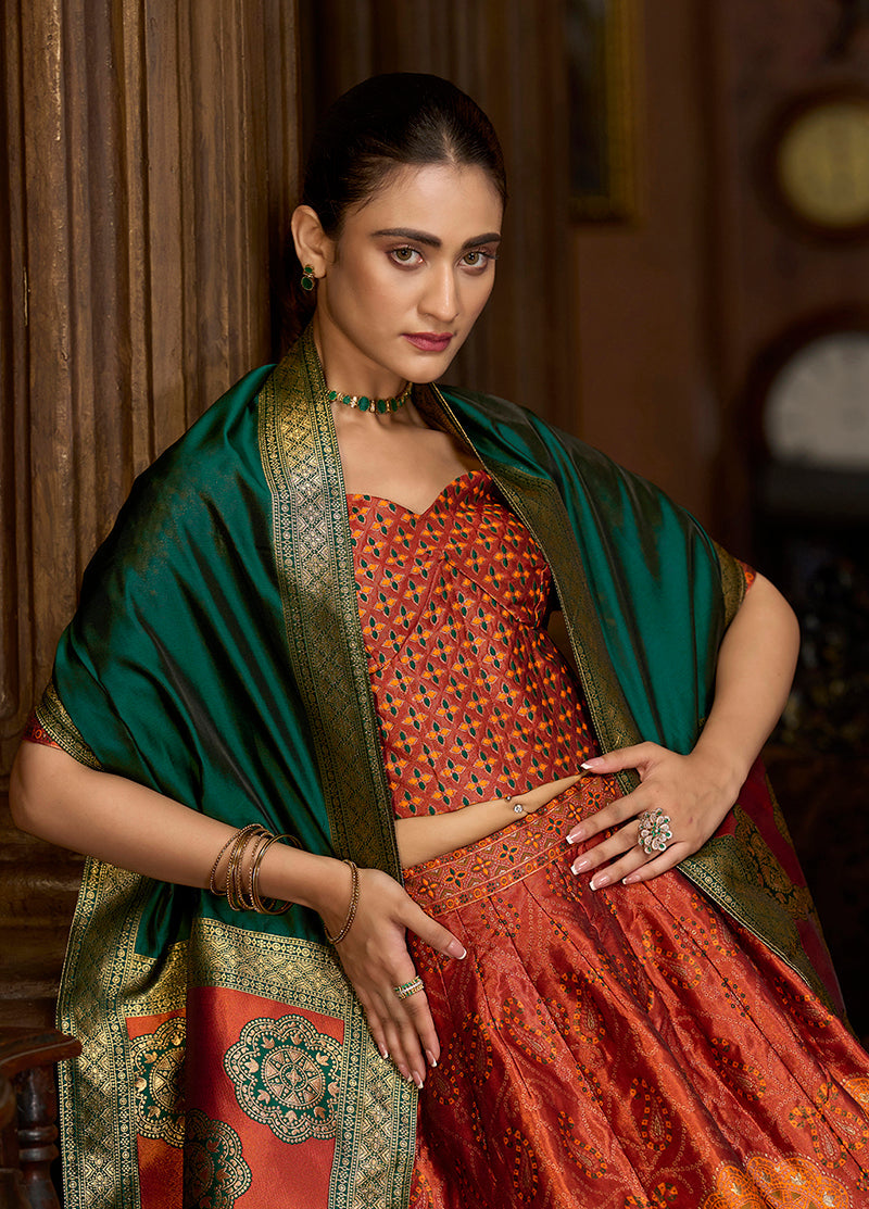 Monjolika Fashion Rust Color Kanjivaram Silk Jacquard Designer Lehenga Choli
