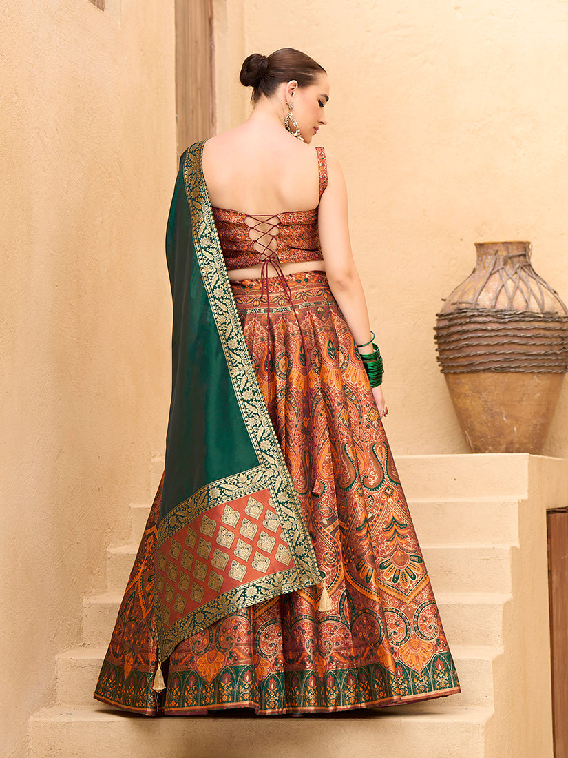 Monjolika Fashion Thread Work Jacquard Silk In Rust Orange Lehenga Choli