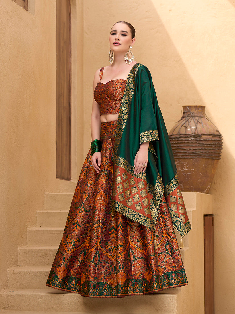 Monjolika Fashion Thread Work Jacquard Silk In Rust Orange Lehenga Choli