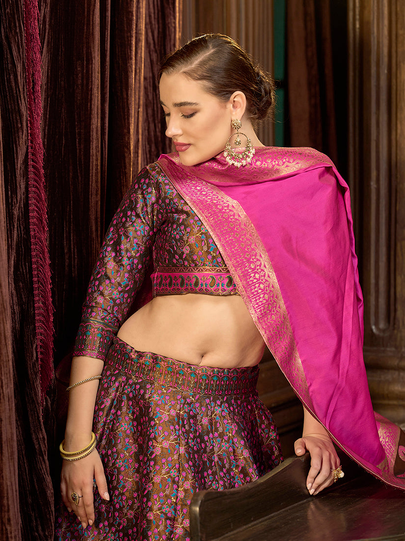 Monjolika Fashion Multi Colour Trendy Kanjivaram Jacquard Woven Work Lehenga Choli