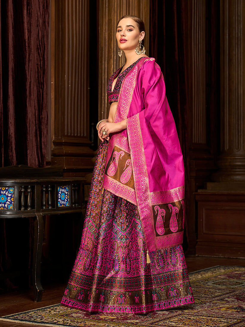 Monjolika Fashion Multi Colour Trendy Kanjivaram Jacquard Woven Work Lehenga Choli