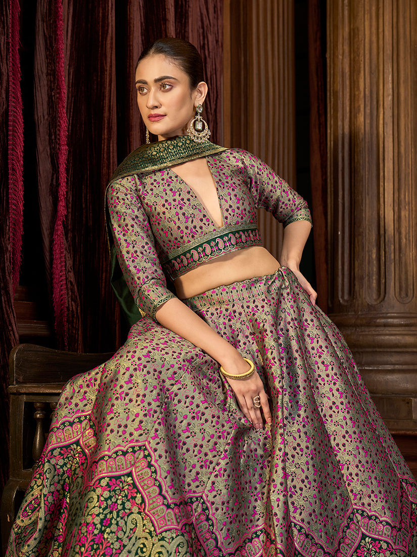 Monjolika Fashion Sea Green Trendy Kanjivaram Jacquard Woven Work Lehenga Choli