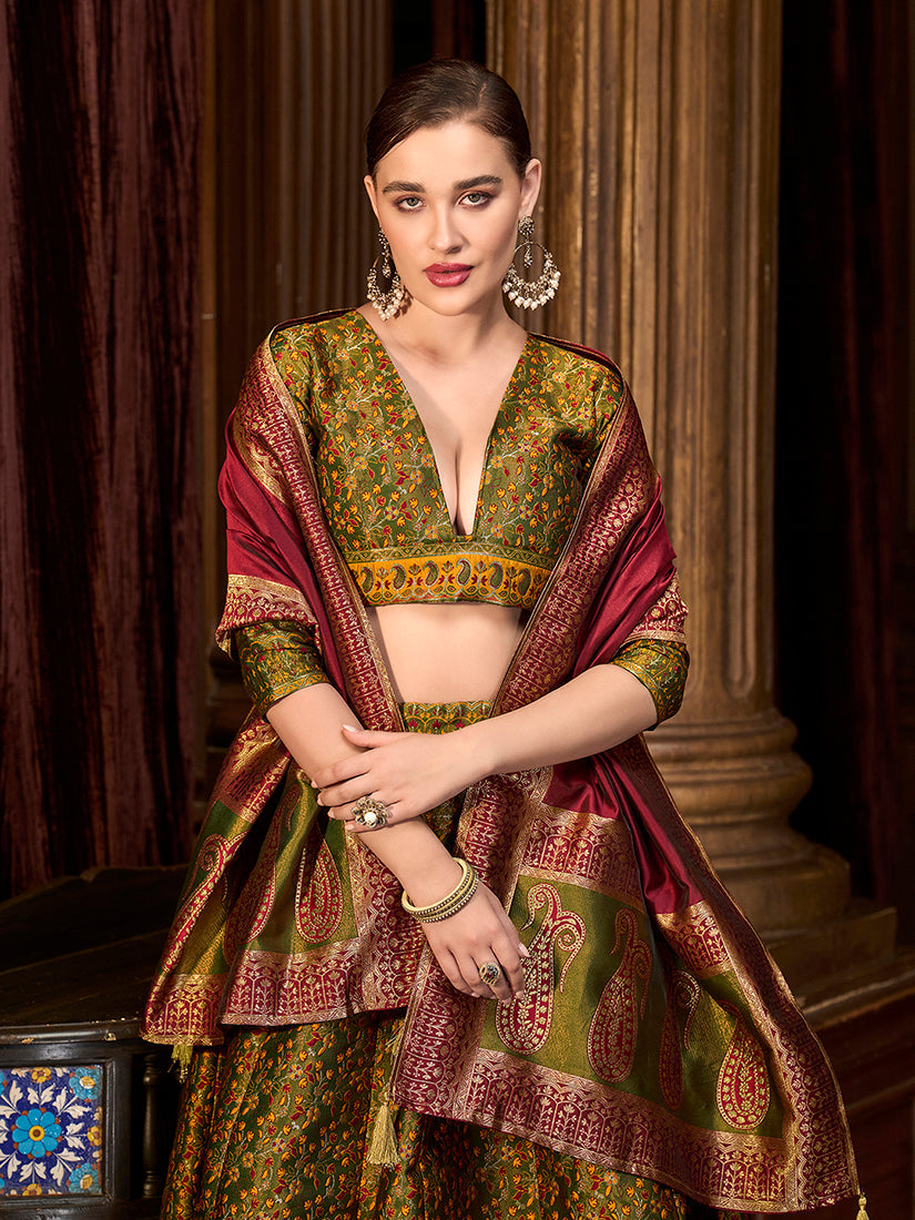 Monjolika Fashion Olive Green Trendy Kanjivaram Jacquard Woven Work Lehenga Choli