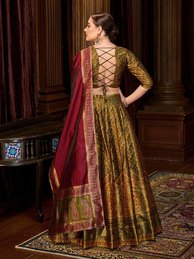 Monjolika Fashion Olive Green Trendy Kanjivaram Jacquard Woven Work Lehenga Choli
