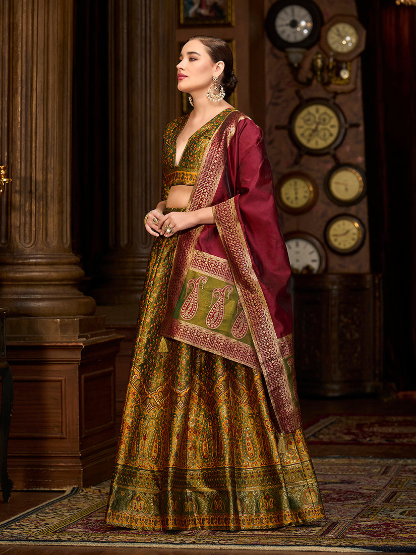 Monjolika Fashion Olive Green Trendy Kanjivaram Jacquard Woven Work Lehenga Choli