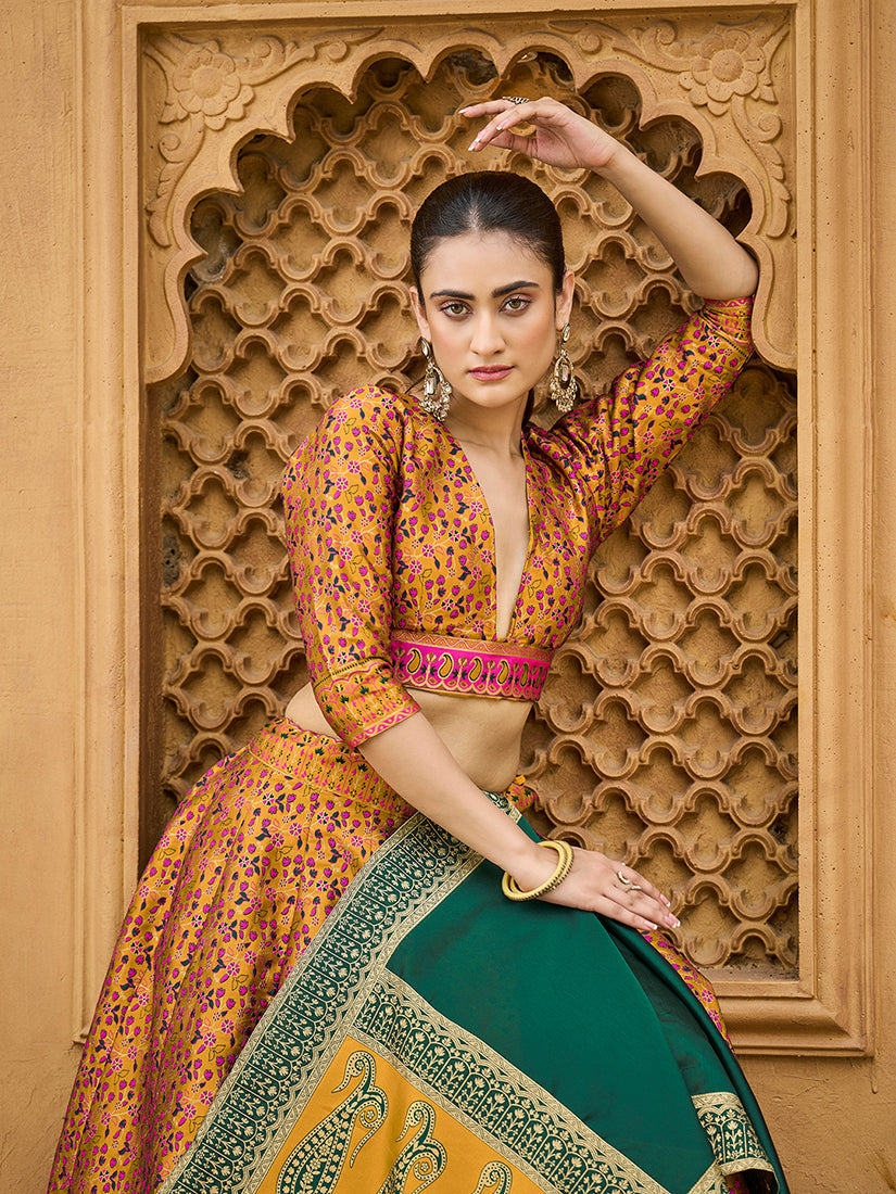 Monjolika Fashion Yellow Trendy Kanjivaram Jacquard Woven Work Lehenga Choli