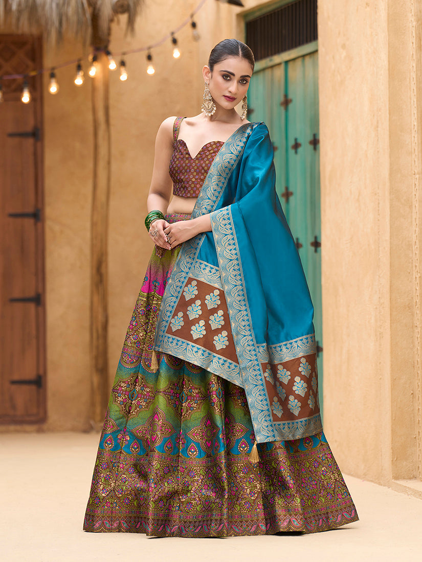 Monjolika Fashion Designer Lehenga Choli Jacquard Kanjivaram Silk In Brown