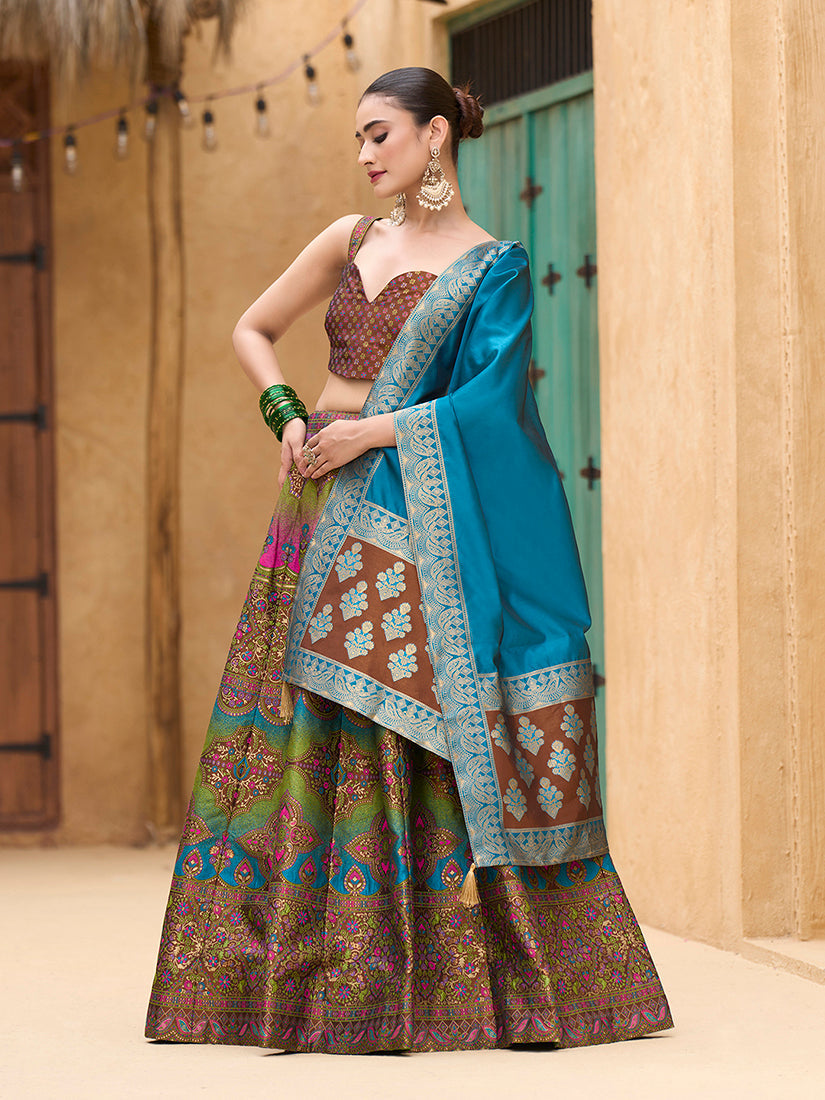 Monjolika Fashion Designer Lehenga Choli Jacquard Kanjivaram Silk In Brown