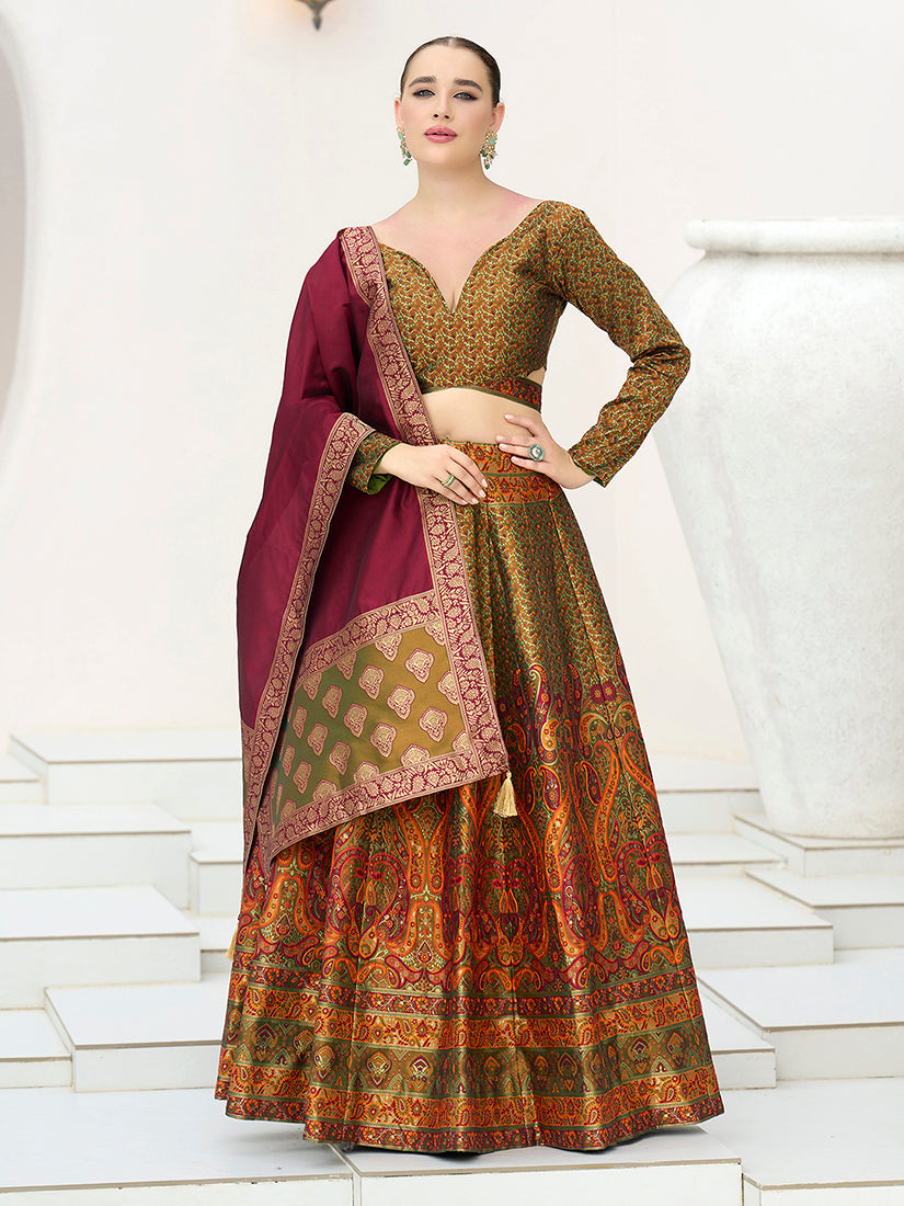 Monjolika Fashion Olive Kanjivaram Jacquard Designer Lehenga Choli For Ceremonial