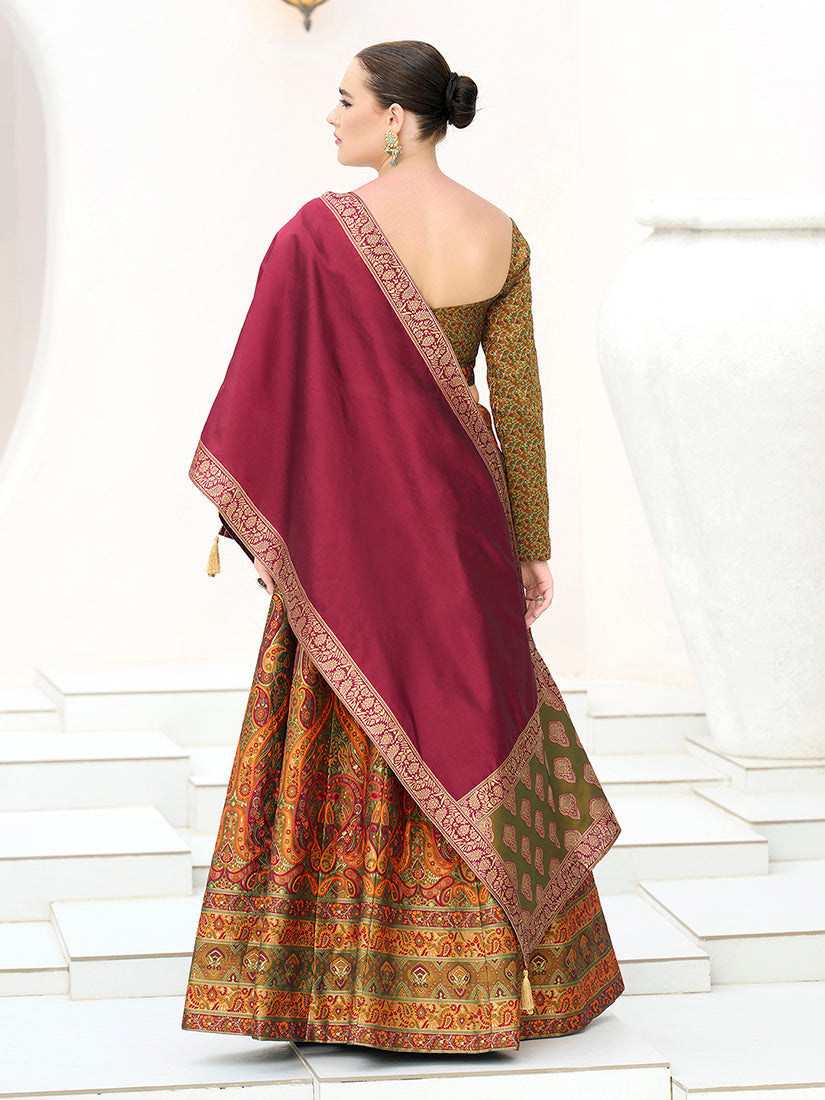 Monjolika Fashion Olive Kanjivaram Jacquard Designer Lehenga Choli For Ceremonial