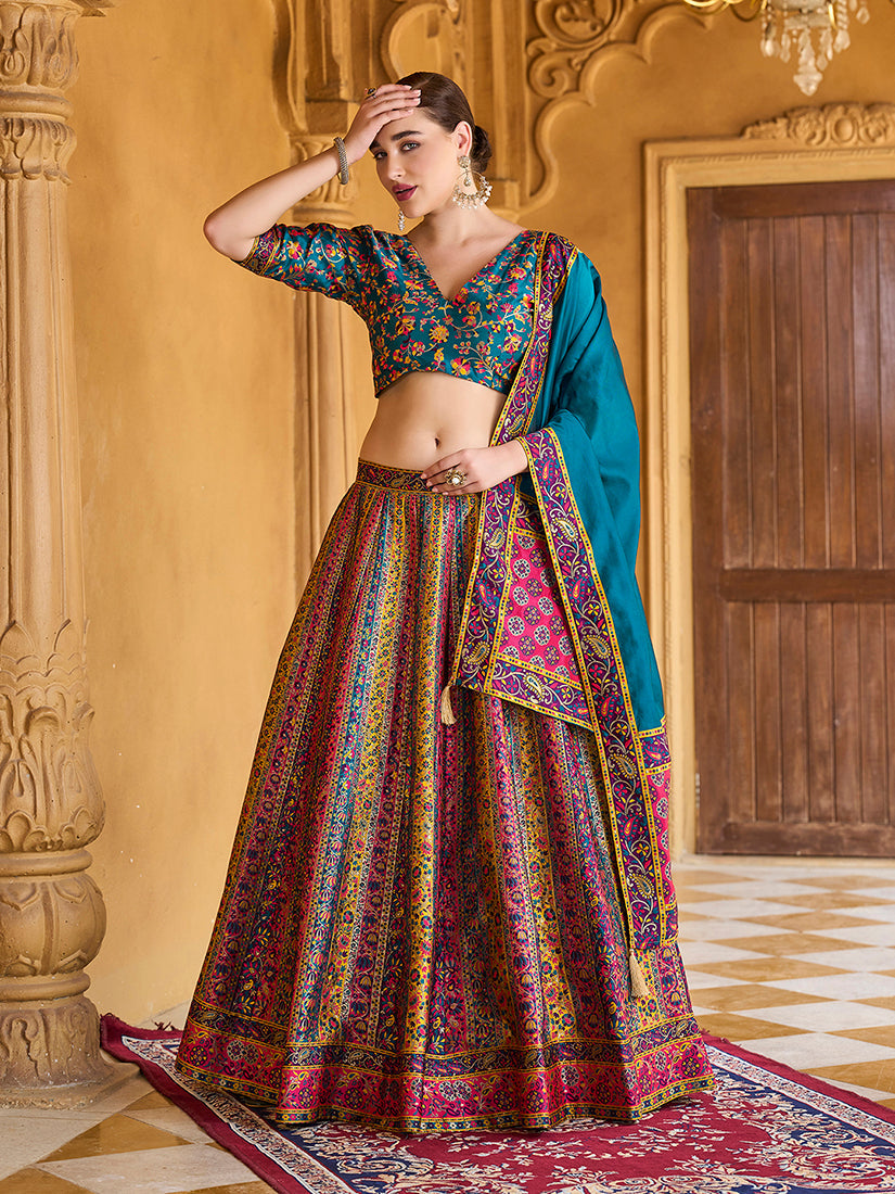 Monjolika Fashion Turquoise Color Jacquard Designer Lehenga Choli For Festival