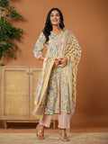 Yufta cotton yellow kurta dupatta set