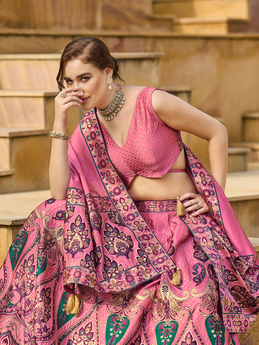 Monjolika Fashion Charming Pink Color Jacquard Lehenga Choli With Dupatta