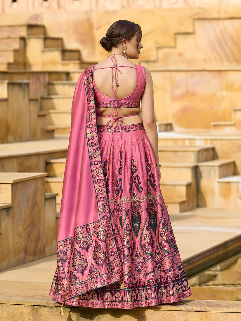 Monjolika Fashion Charming Pink Color Jacquard Lehenga Choli With Dupatta