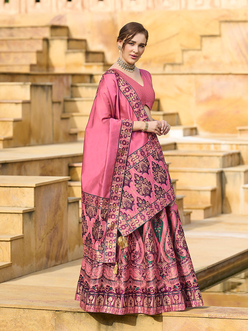 Monjolika Fashion Charming Pink Color Jacquard Lehenga Choli With Dupatta
