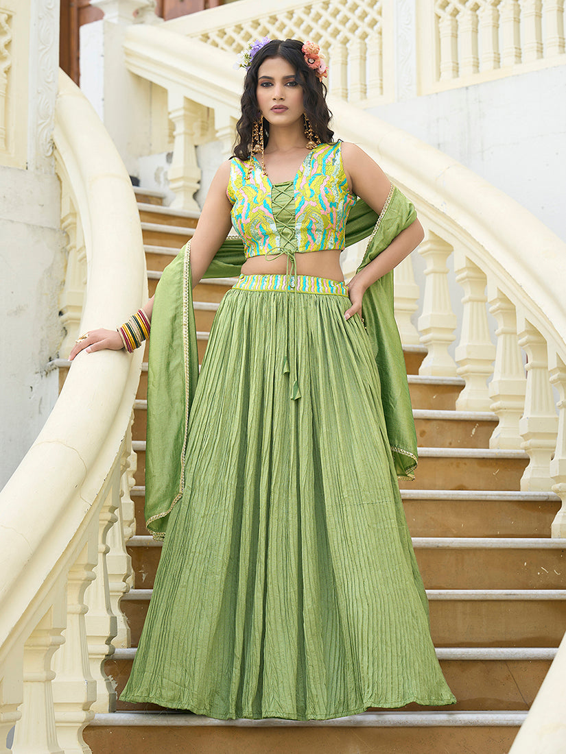 Monjolika Fashion Designer Lehenga Choli Crush Silk In Light Green