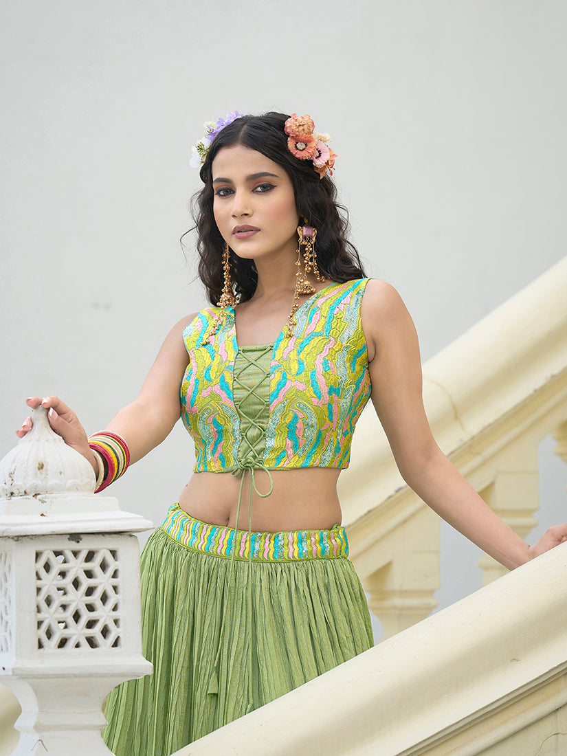 Monjolika Fashion Designer Lehenga Choli Crush Silk In Light Green