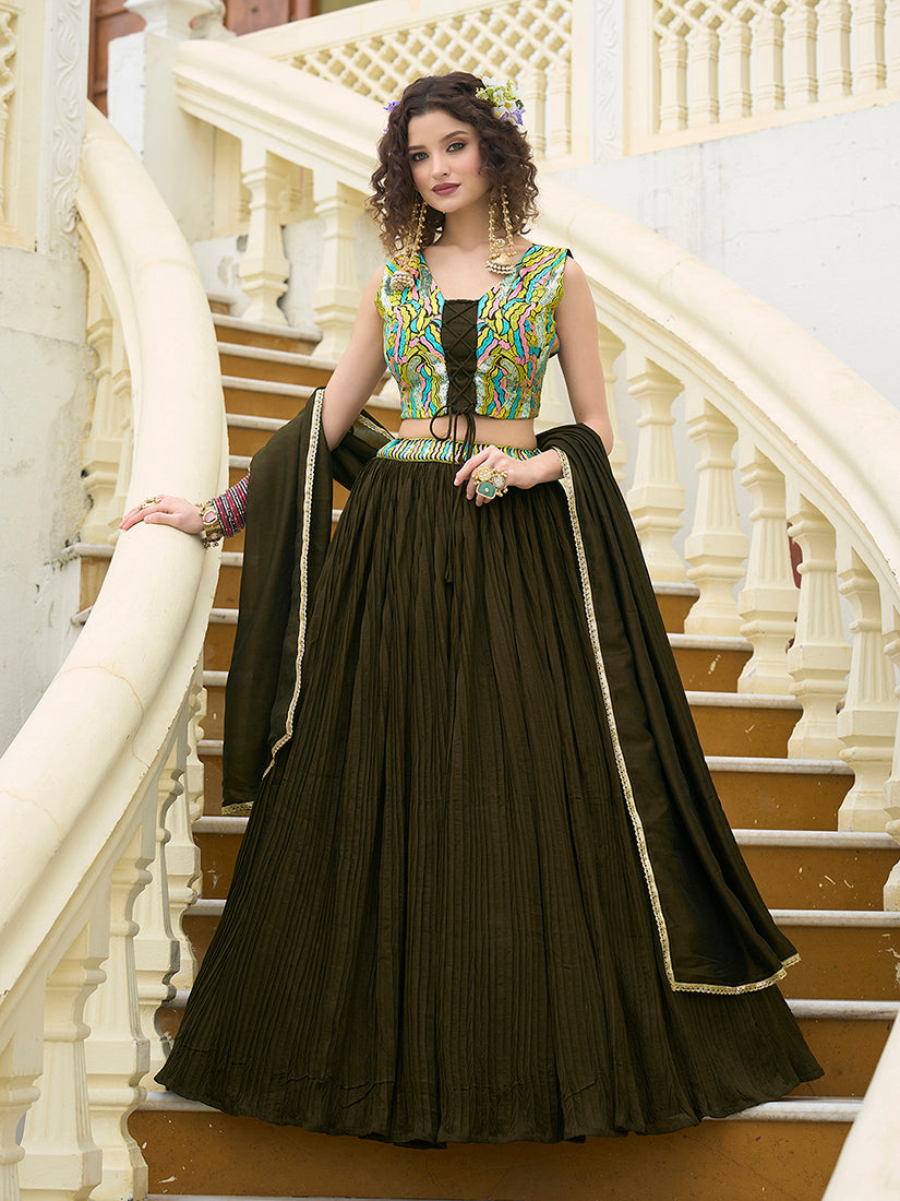 Monjolika Fashion Designer Lehenga Choli Crush Silk In Olive Green