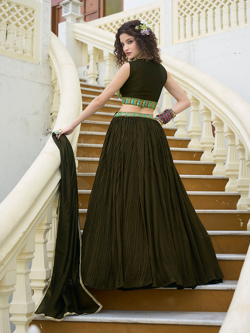 Monjolika Fashion Designer Lehenga Choli Crush Silk In Olive Green