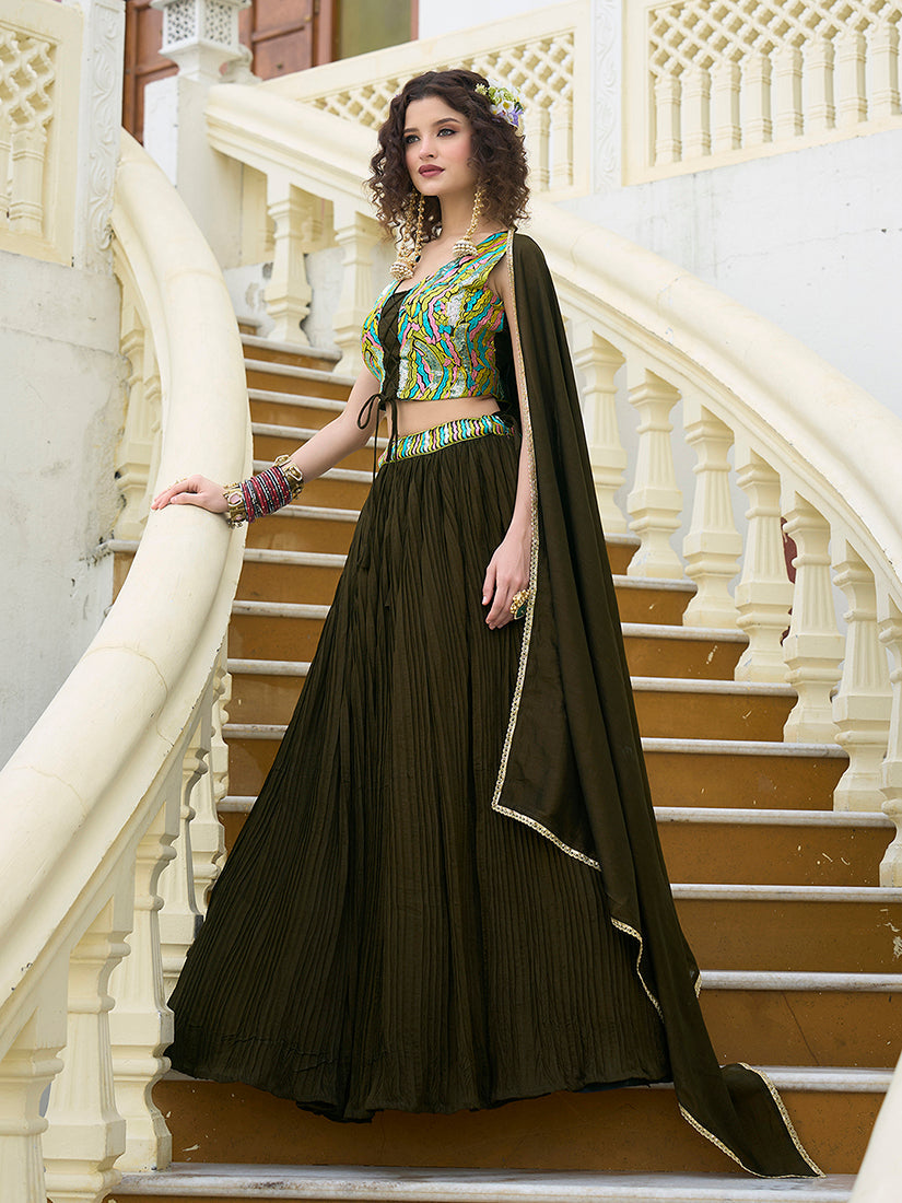 Monjolika Fashion Designer Lehenga Choli Crush Silk In Olive Green