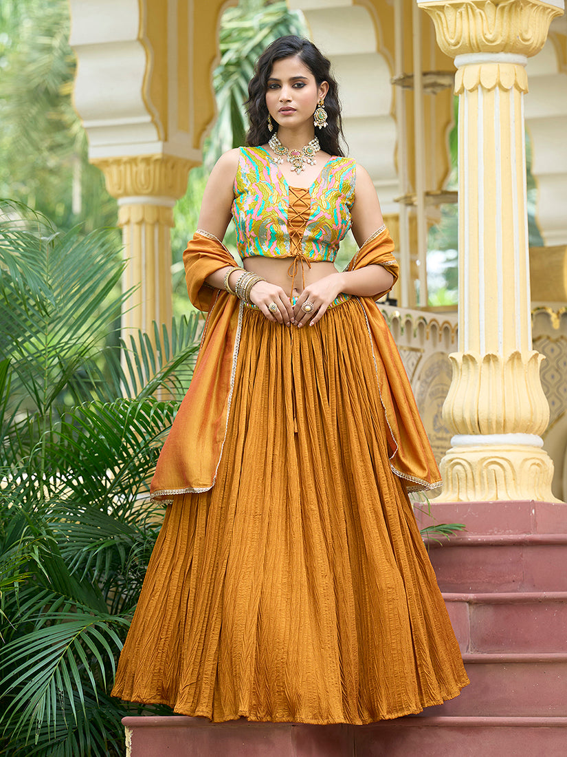 Monjolika Fashion Designer Lehenga Choli Crush Silk In Mustard