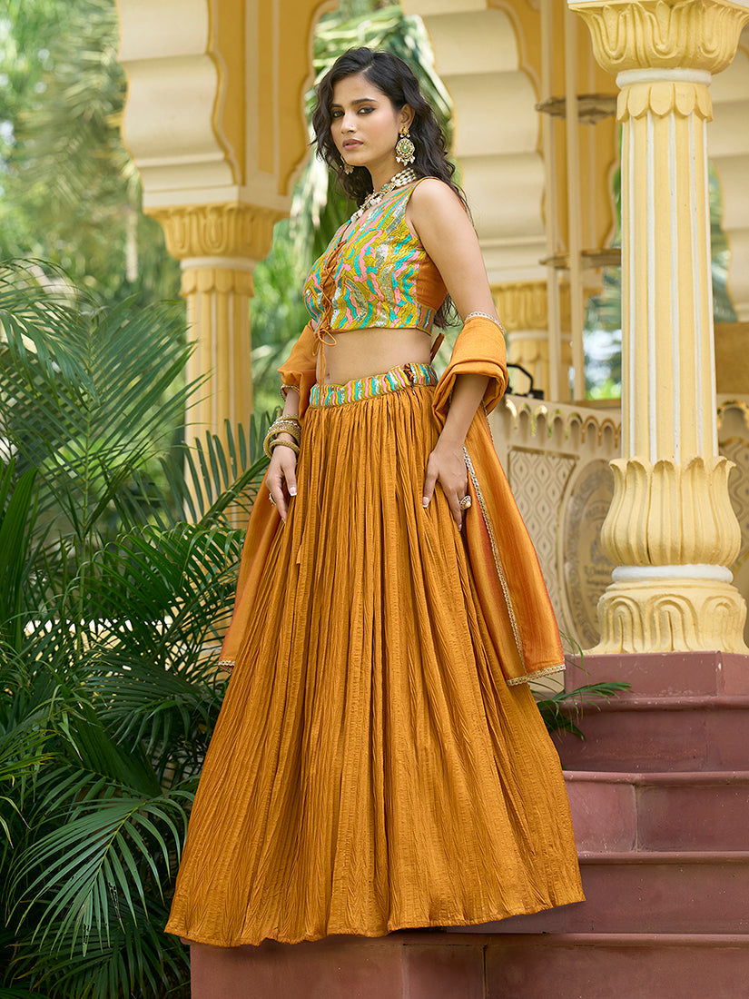 Monjolika Fashion Designer Lehenga Choli Crush Silk In Mustard