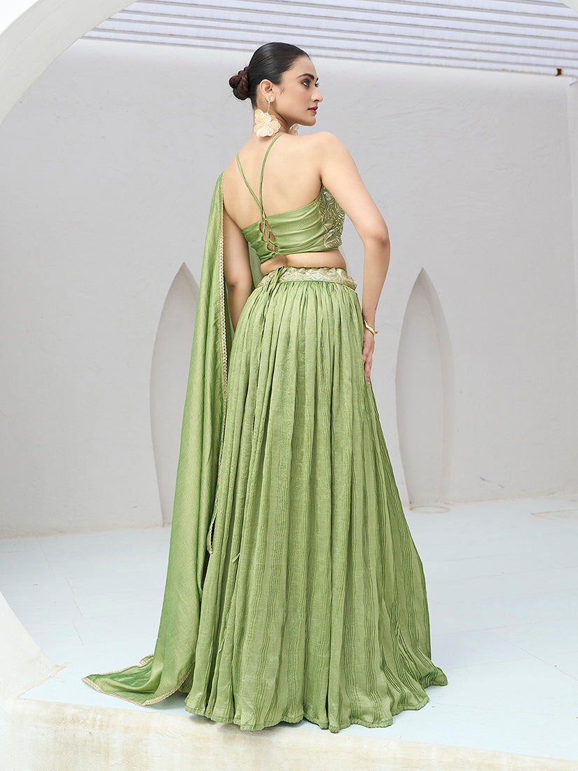 Monjolika Fashion Light Green Festive Look With Silk Crush Lehenga Choli