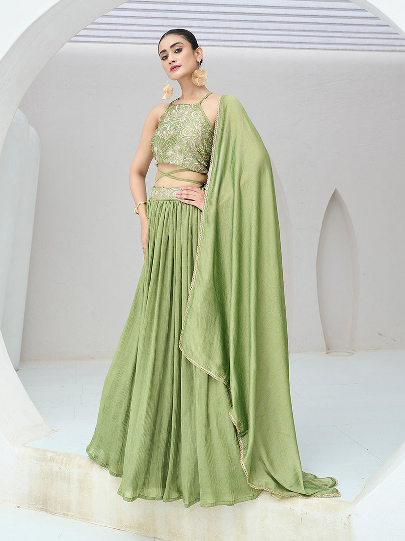 Monjolika Fashion Light Green Festive Look With Silk Crush Lehenga Choli