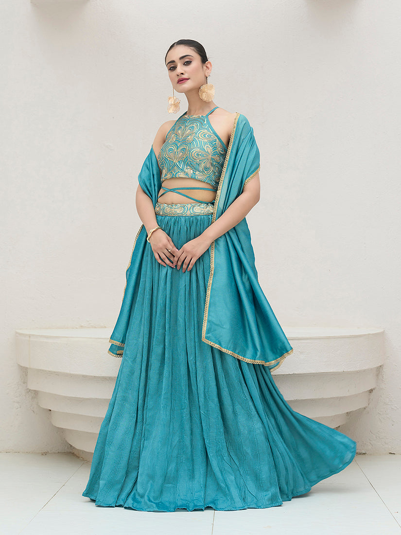 Monjolika Fashion Sky Blue Festive Look With Silk Crush Lehenga Choli