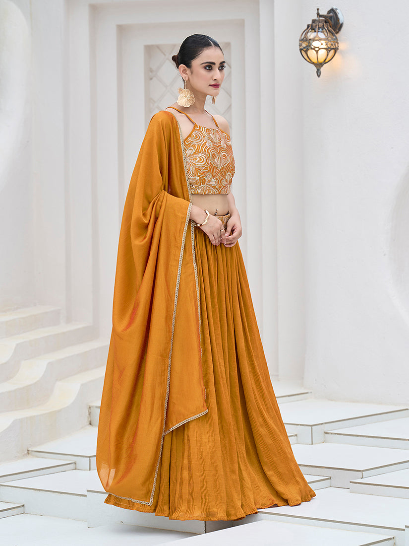 Monjolika Fashion Mustard Festive Look With Silk Crush Lehenga Choli