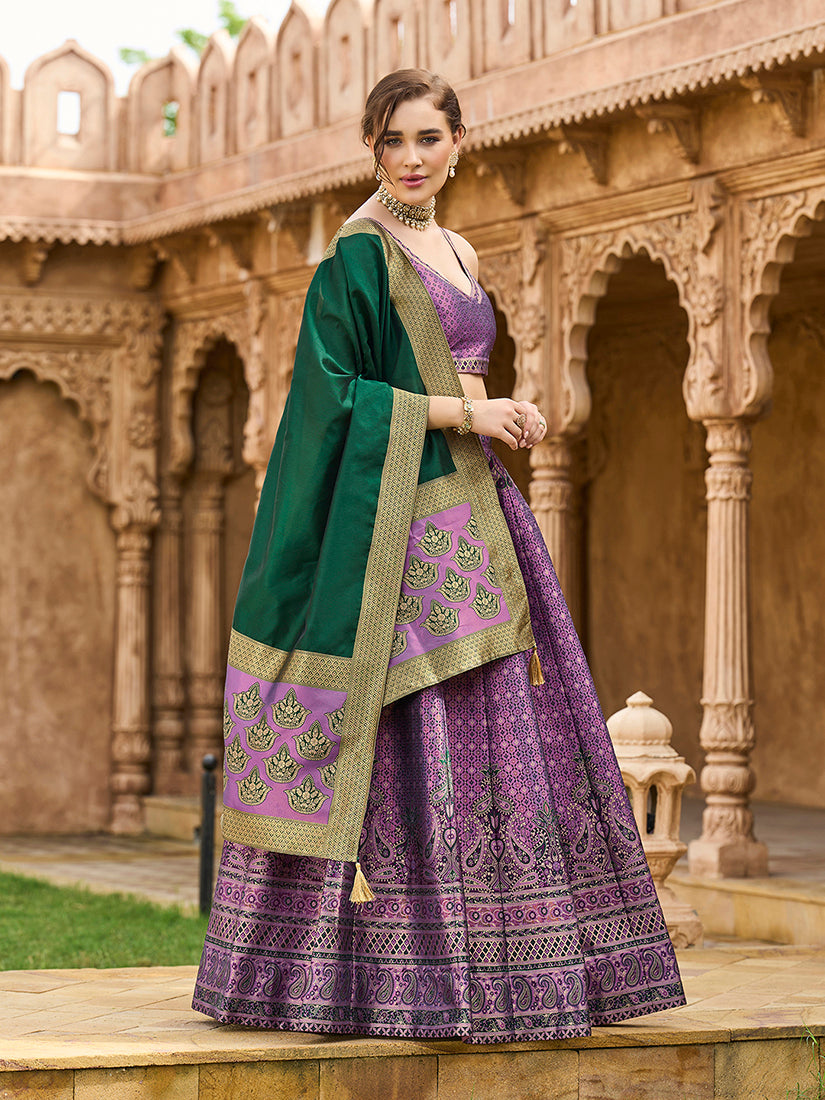 Monjolika Fashion Purple Kanjivaram Silk Jacquard Woven Trendy Lehenga Choli