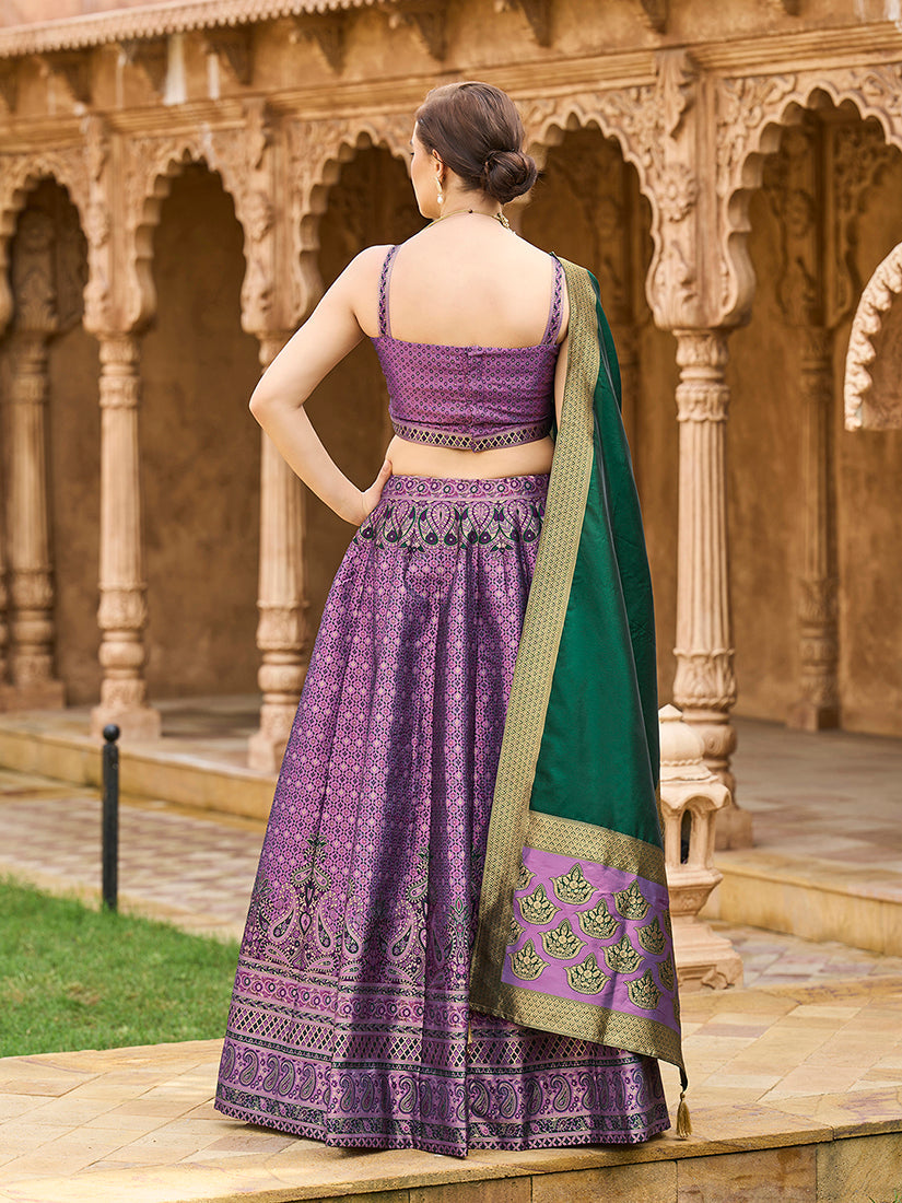 Monjolika Fashion Purple Kanjivaram Silk Jacquard Woven Trendy Lehenga Choli