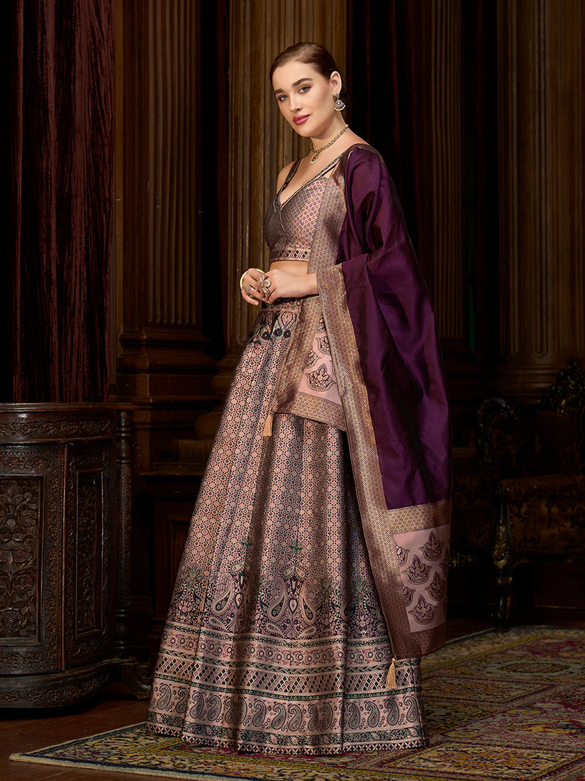 Monjolika Fashion Rose Pink Kanjivaram Silk Jacquard Woven Trendy Lehenga Choli