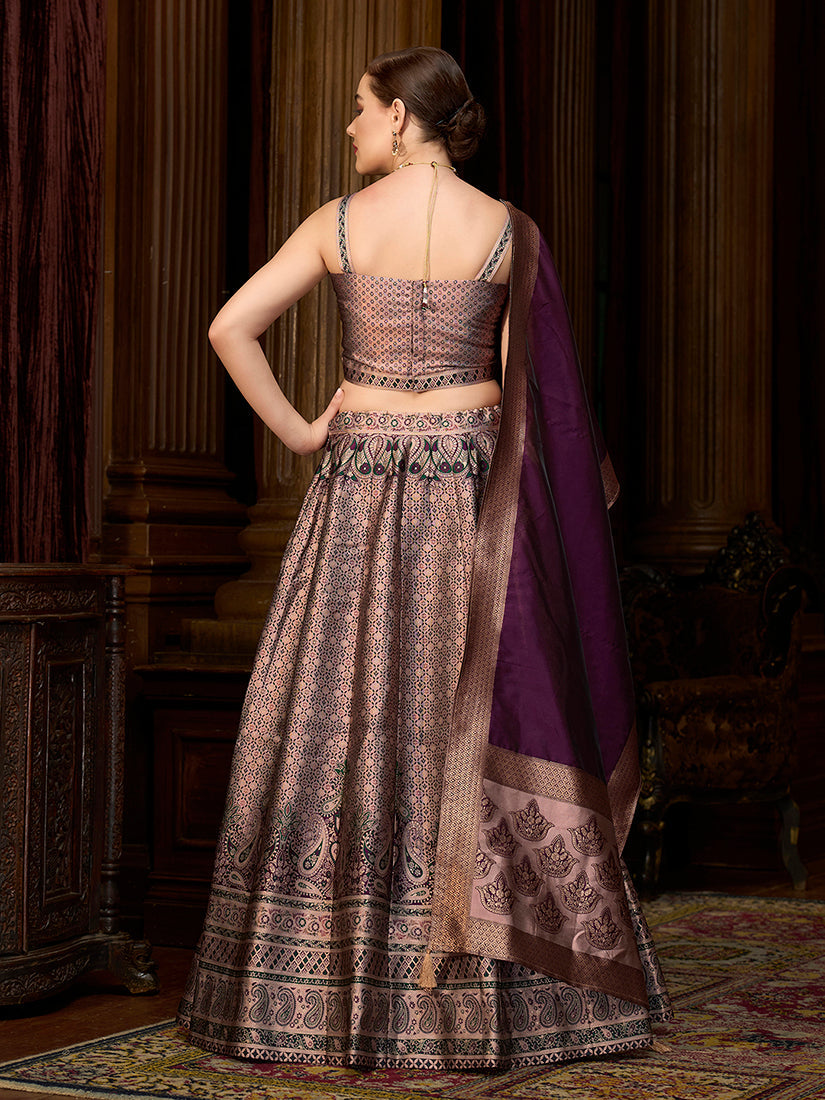 Monjolika Fashion Rose Pink Kanjivaram Silk Jacquard Woven Trendy Lehenga Choli