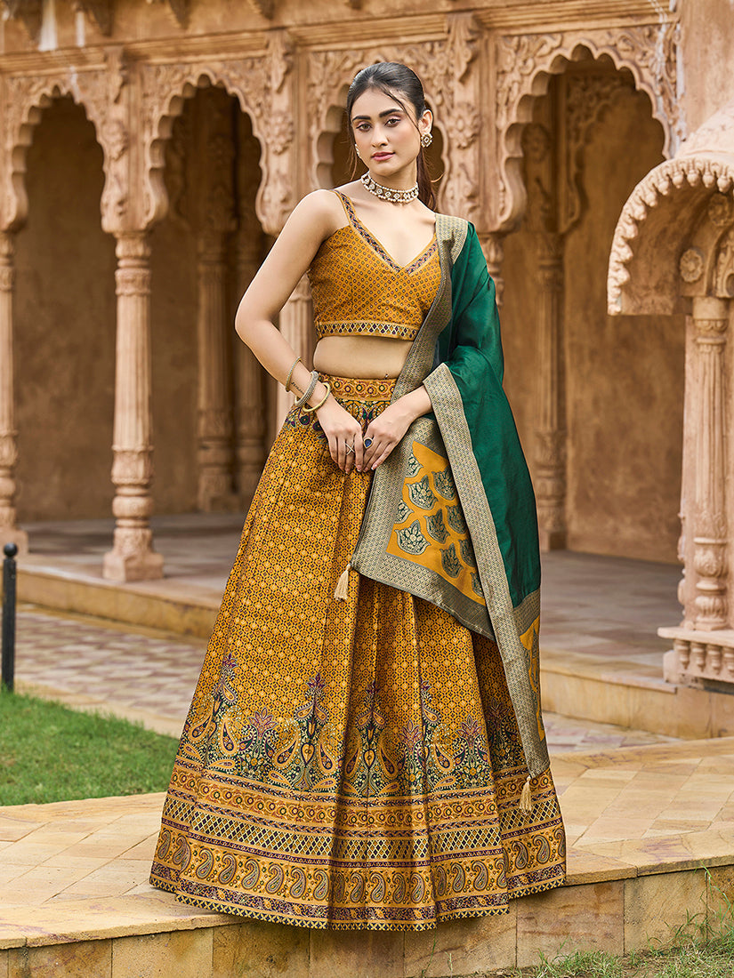 Monjolika Fashion Yellow Kanjivaram Silk Jacquard Woven Trendy Lehenga Choli