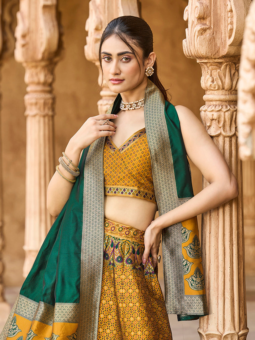 Monjolika Fashion Yellow Kanjivaram Silk Jacquard Woven Trendy Lehenga Choli