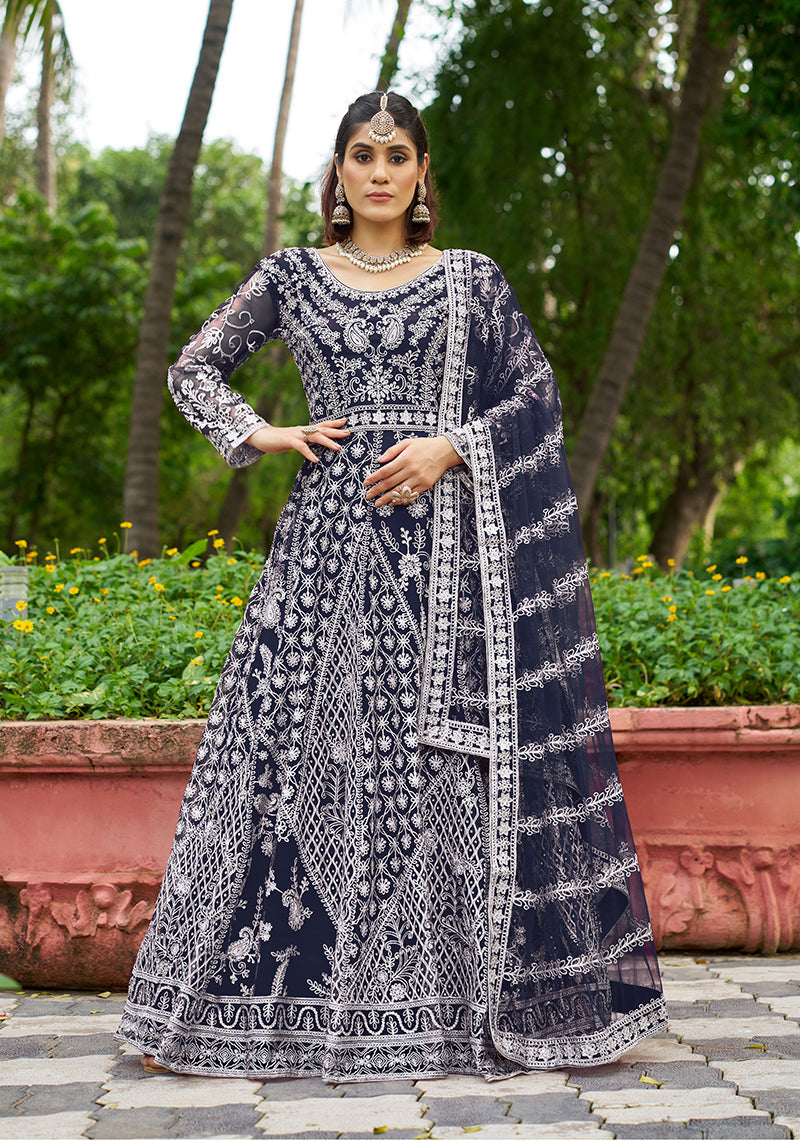 Monjolika Fashion Navy Blue Embroidered Net Designer Anarkali Gown