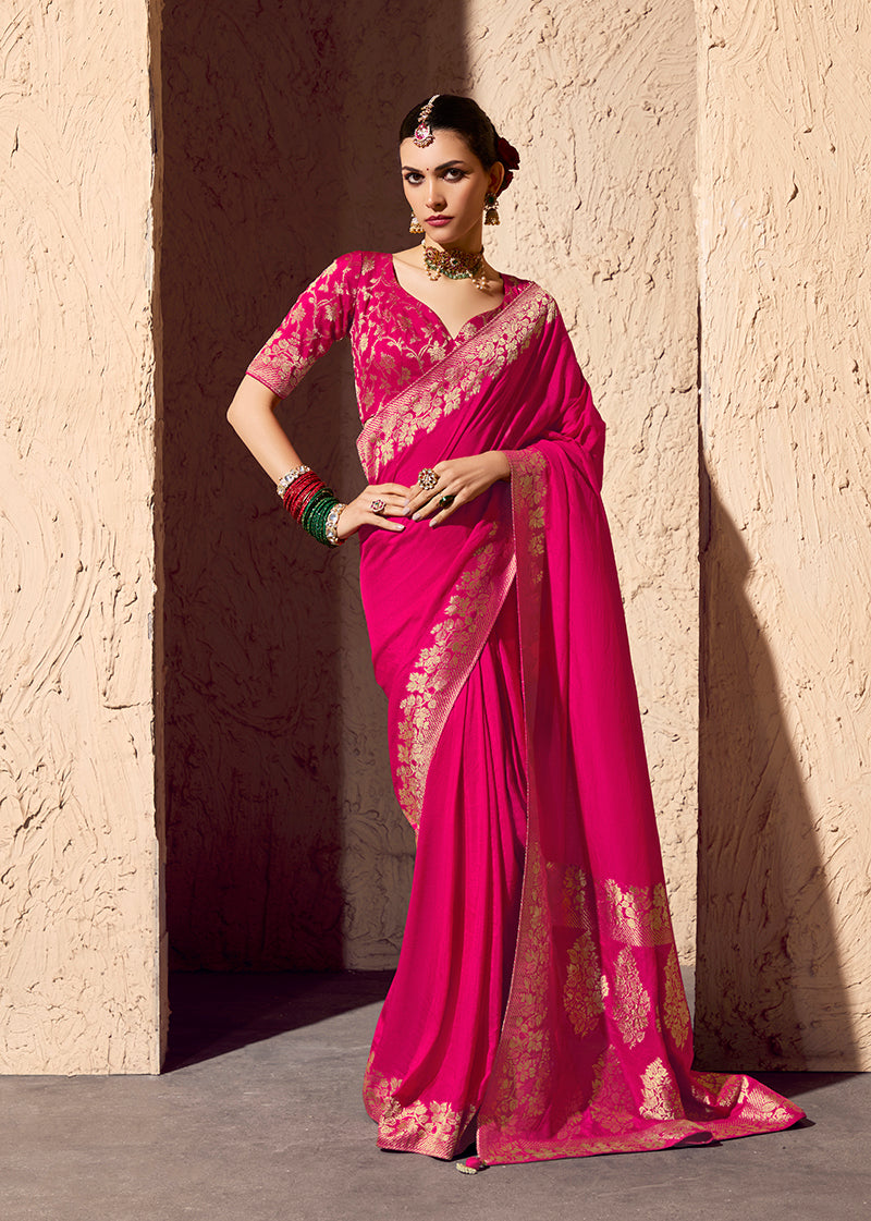Monjolika Fashion Rani Pink Crepe Georgette Zari Weaving Work Saree