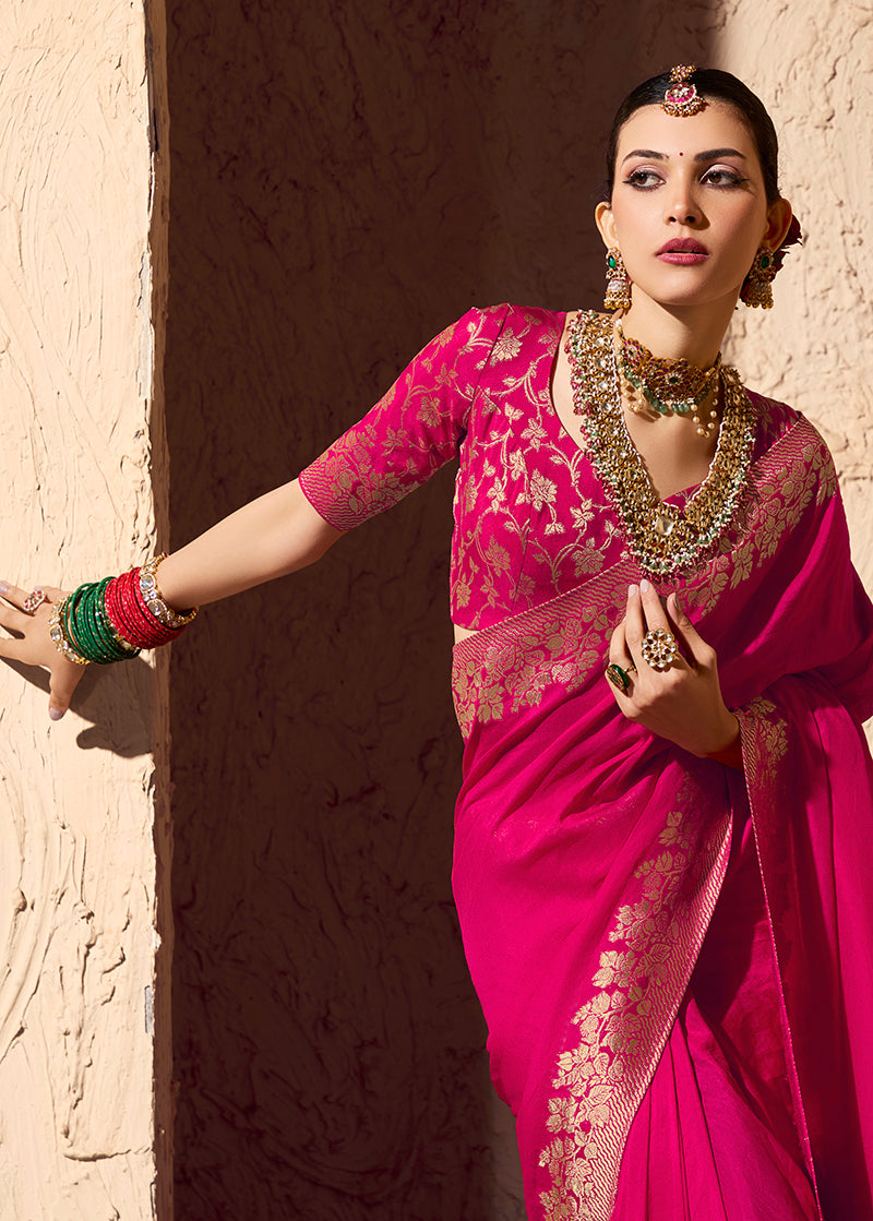 Monjolika Fashion Rani Pink Crepe Georgette Zari Weaving Work Saree