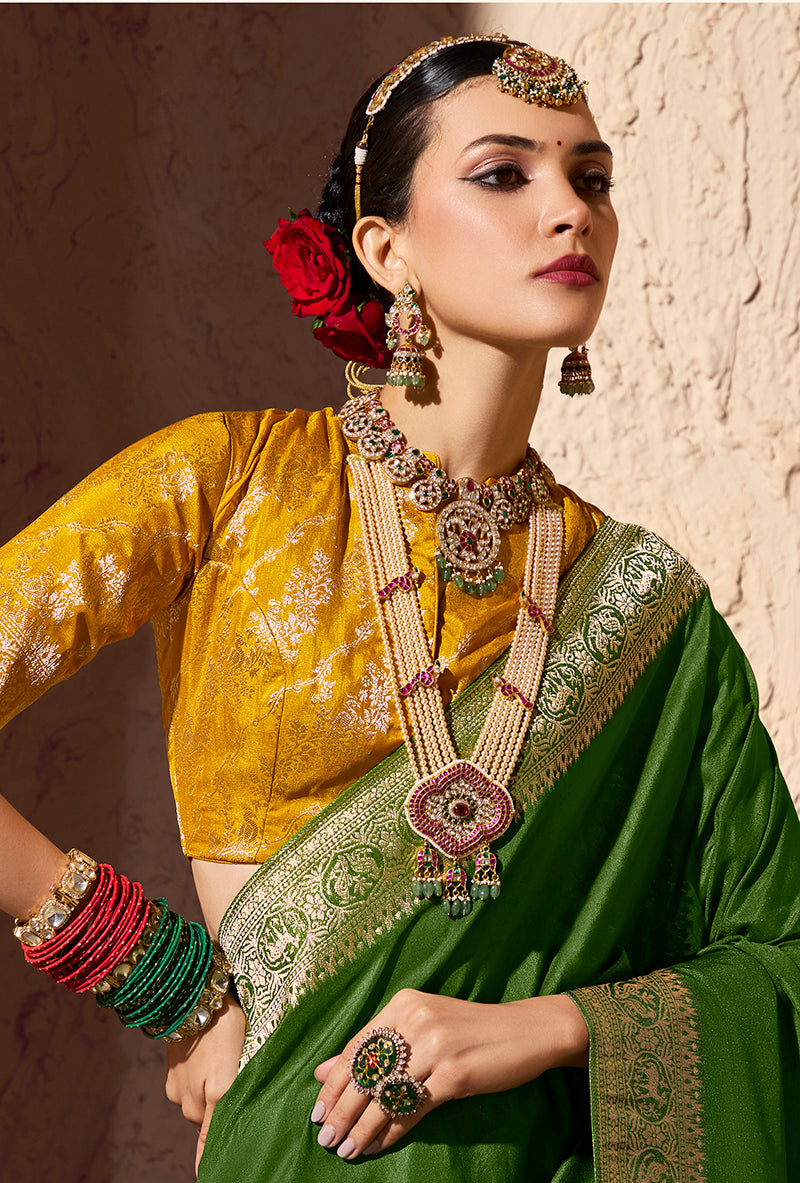 Monjolika Fashion Green Crepe Georgette Zari Weaving Work Saree