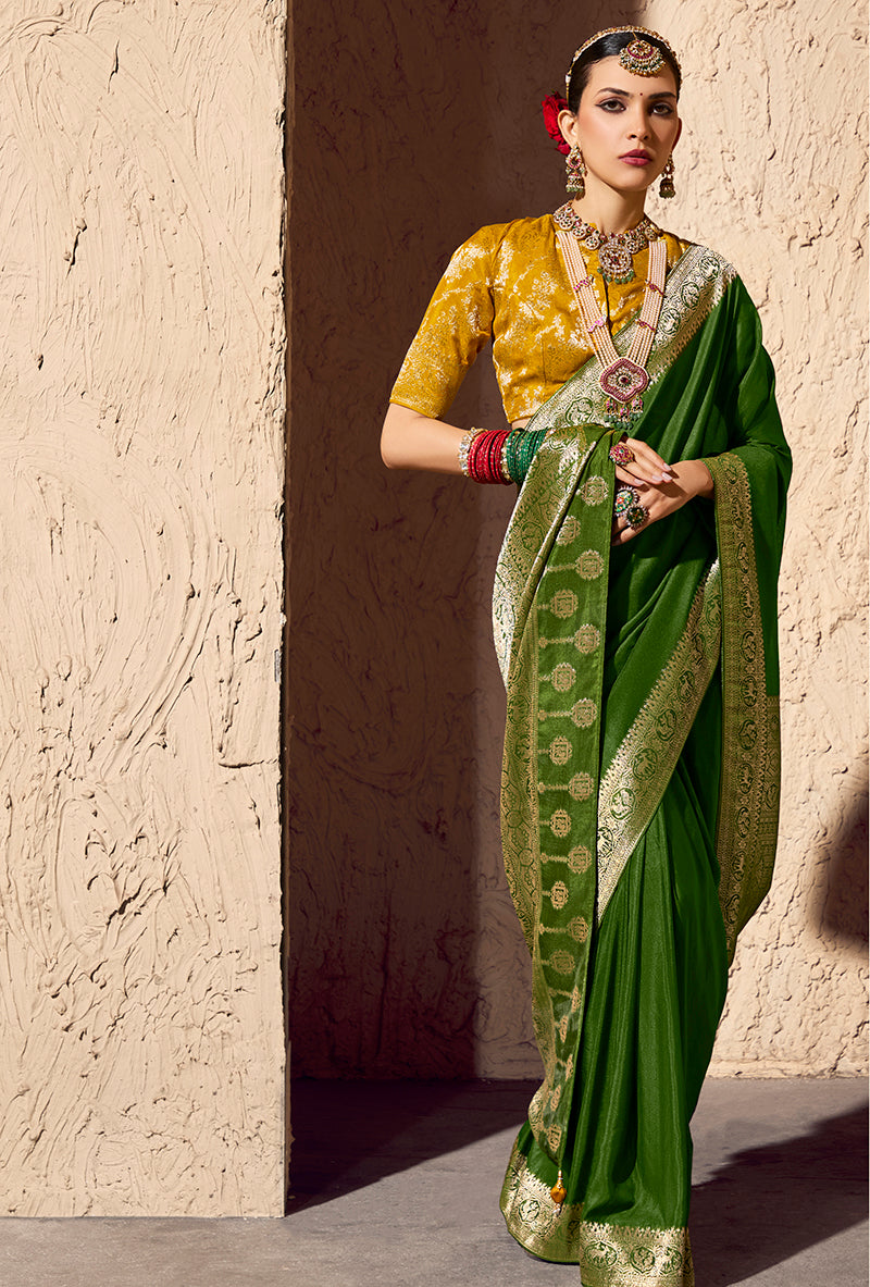 Monjolika Fashion Green Crepe Georgette Zari Weaving Work Saree
