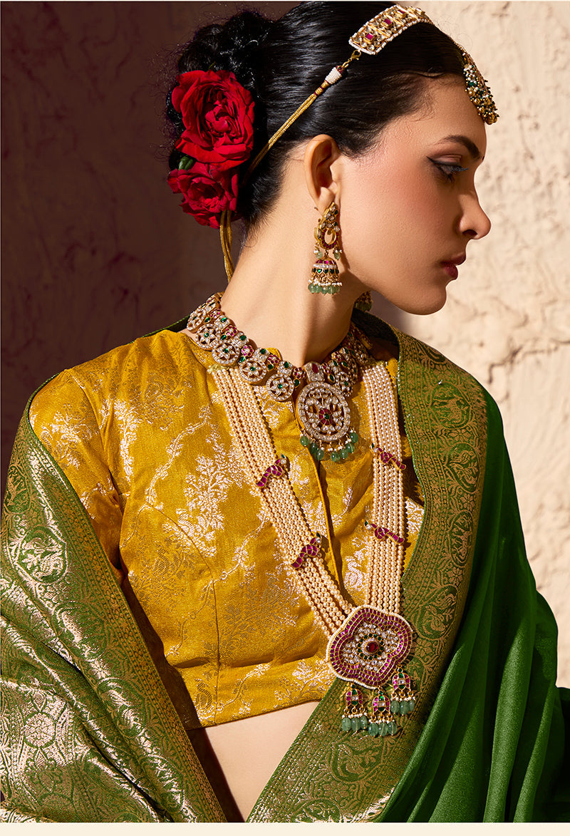 Monjolika Fashion Green Crepe Georgette Zari Weaving Work Saree