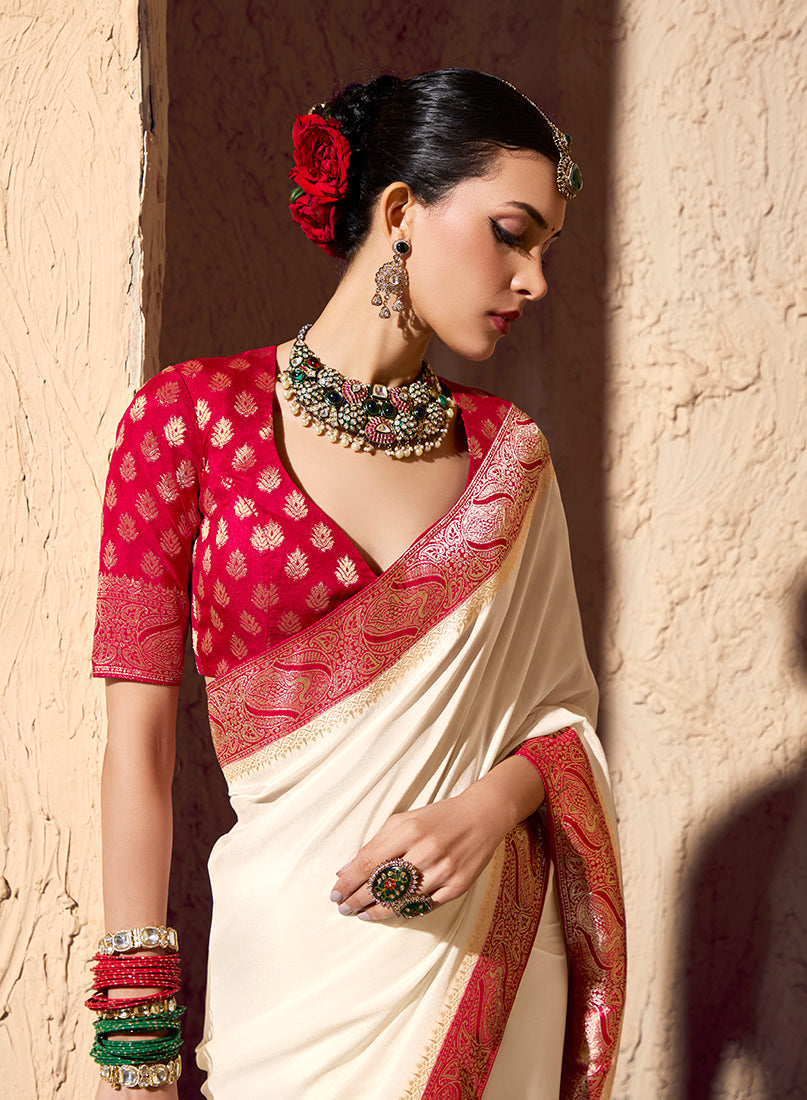 Monjolika Fashion Off White Crepe Georgette Zari Weaving Work Saree