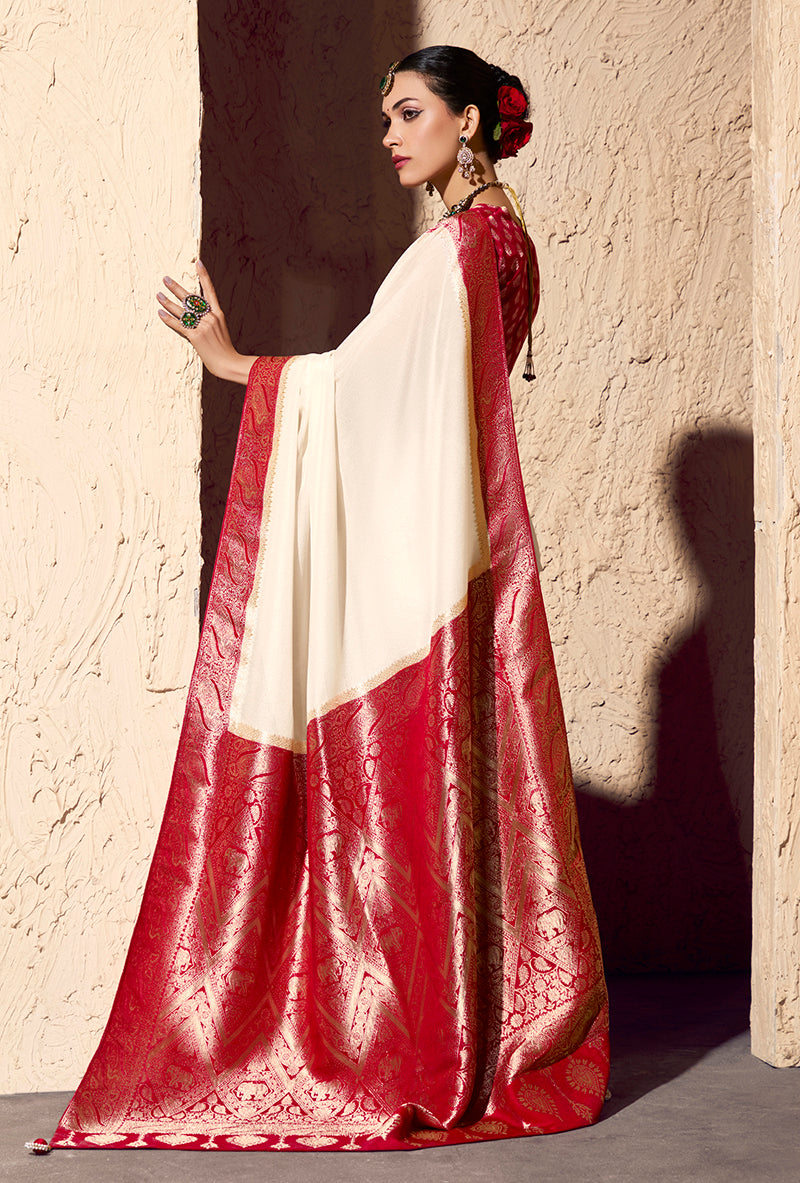 Monjolika Fashion Off White Crepe Georgette Zari Weaving Work Saree