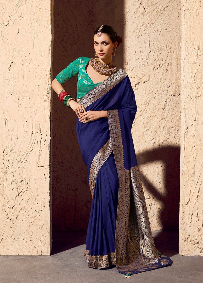 Monjolika Fashion Navy Blue Crepe Georgette Zari Weaving Work Saree