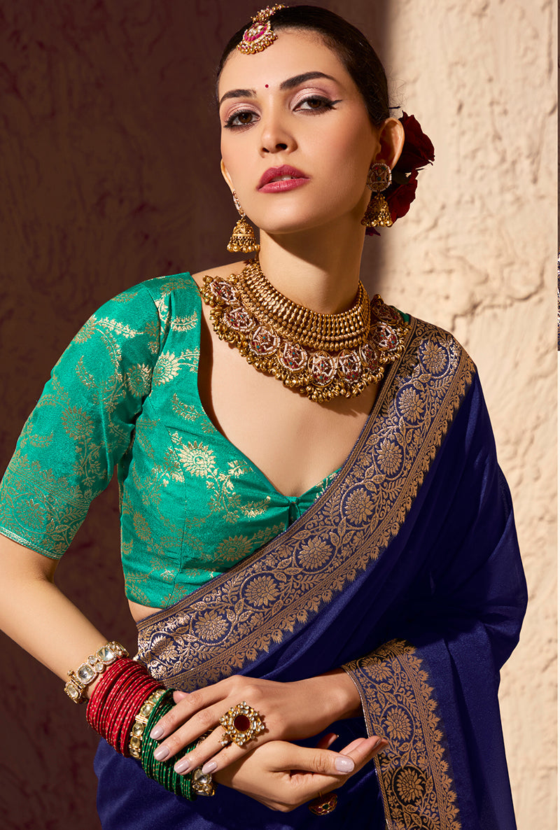 Monjolika Fashion Navy Blue Crepe Georgette Zari Weaving Work Saree